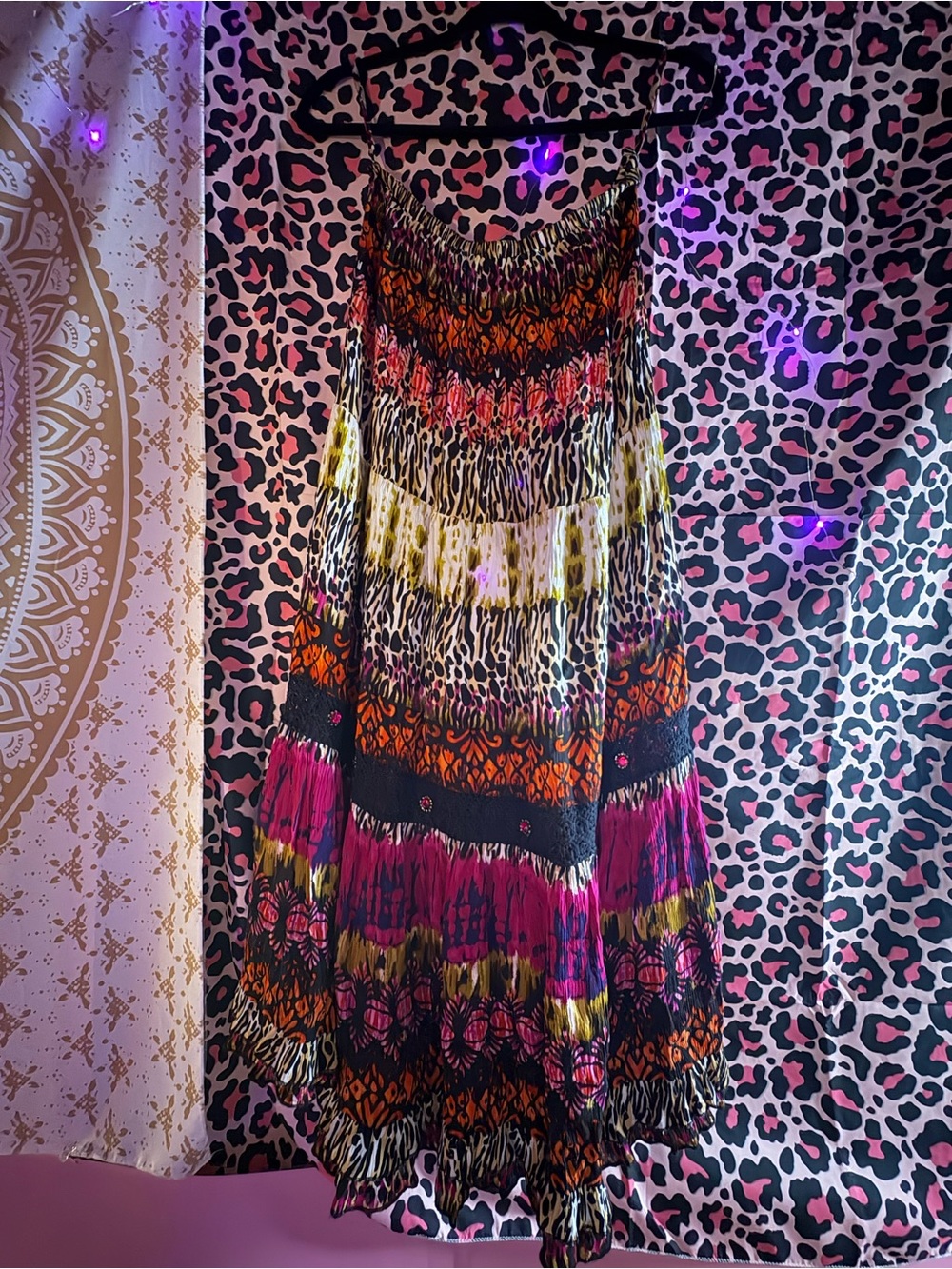 Y2K animal print boho 2006 long skirt with gems